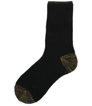 A mid-calf knit sock featuring a mix of textured panels, ribbed leg section, and bold horizontal stripes around the arch and cuff.