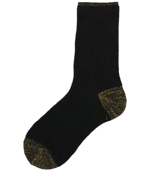 A mid-calf knit sock featuring a mix of textured panels, ribbed leg section, and bold horizontal stripes around the arch and cuff.