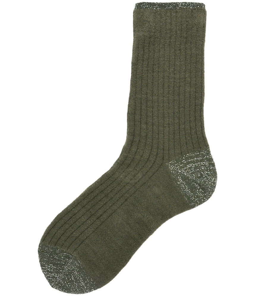 A mid-calf knit sock featuring a mix of textured panels, ribbed leg section, and bold horizontal stripes around the arch and cuff.
