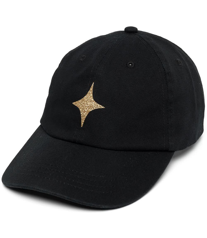 baseball cap with gold glitter star on front and an adjustable strap at back