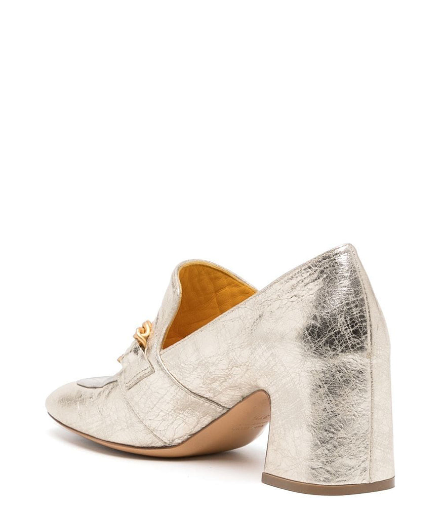 Gold Silver Leather Mid Heel Loafer W Chain