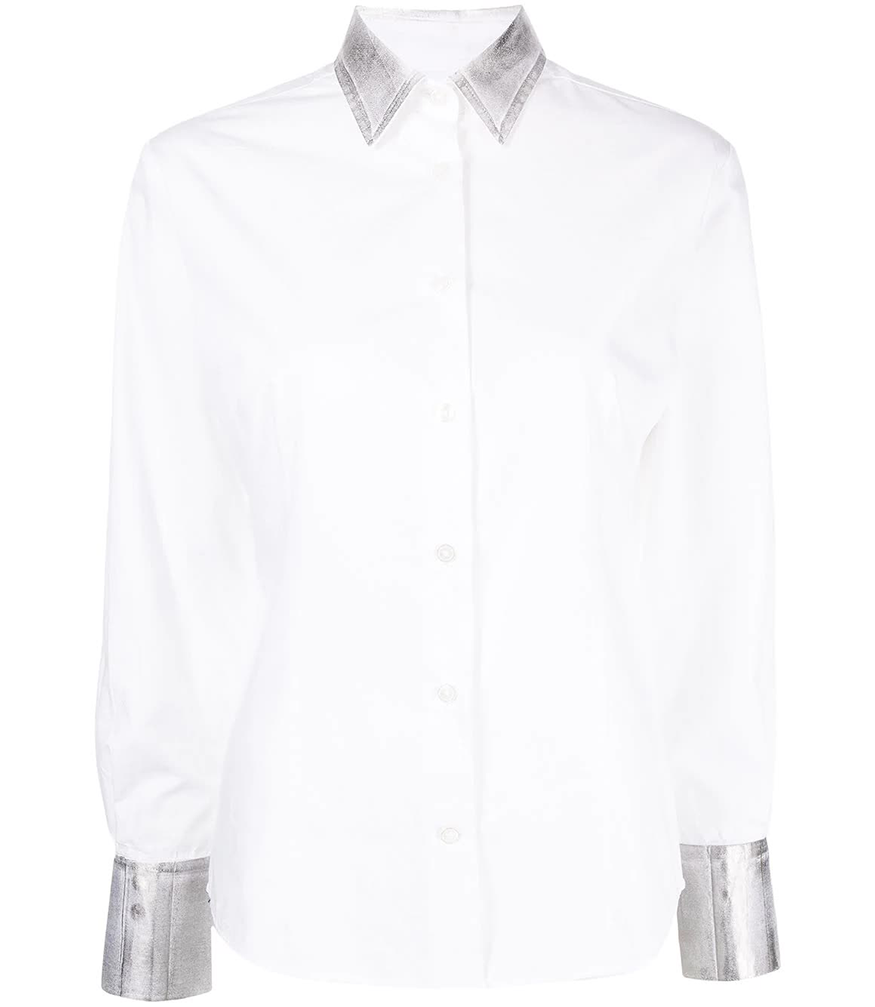 white cotton button shirt with silver cuffs and silver neck collar