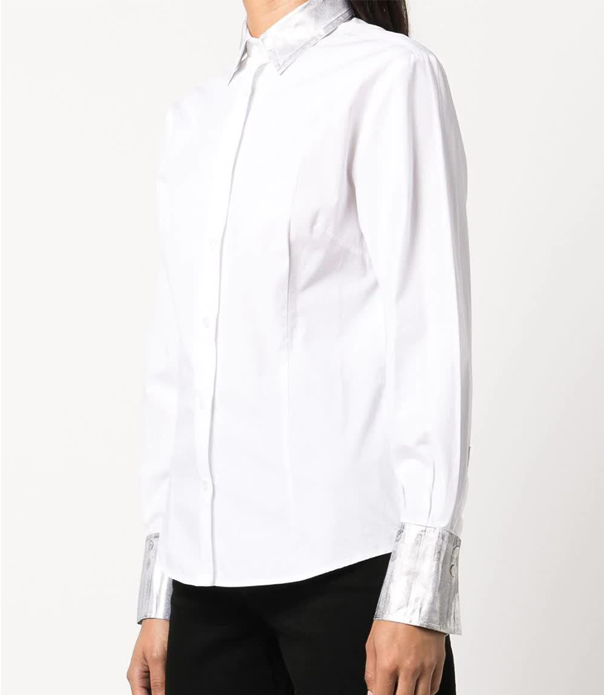 white cotton button shirt with silver cuffs and silver neck collar