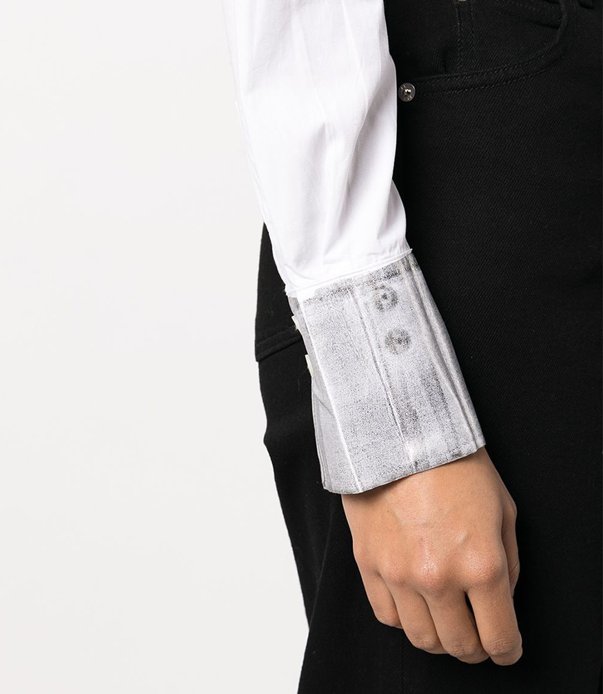 white cotton button shirt with silver cuffs and silver neck collar