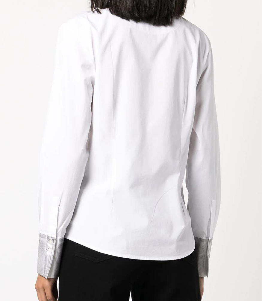 white cotton button shirt with silver cuffs and silver neck collar