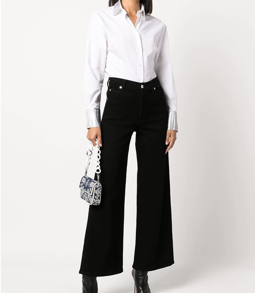 white cotton button shirt with silver cuffs and silver neck collar