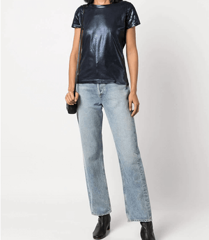 Short-sleeve crew neck T-shirt made from a soft, stretch-finish fabric with a subtle sheen. Features a fitted silhouette with clean stitching and minimal seams.