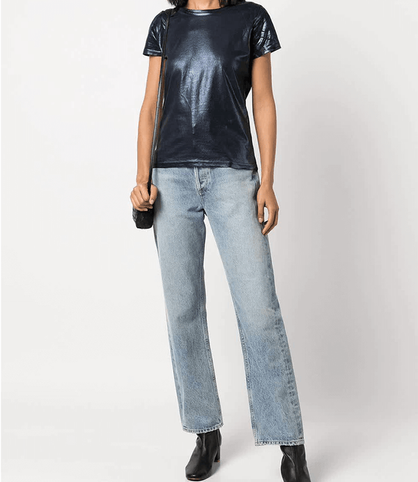 Short-sleeve crew neck T-shirt made from a soft, stretch-finish fabric with a subtle sheen. Features a fitted silhouette with clean stitching and minimal seams.