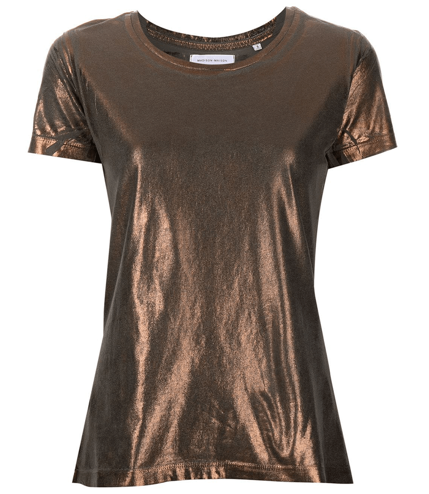 Short-sleeve crew neck T-shirt made from a soft, stretch-finish fabric with a subtle sheen. Features a fitted silhouette with clean stitching and minimal seams.