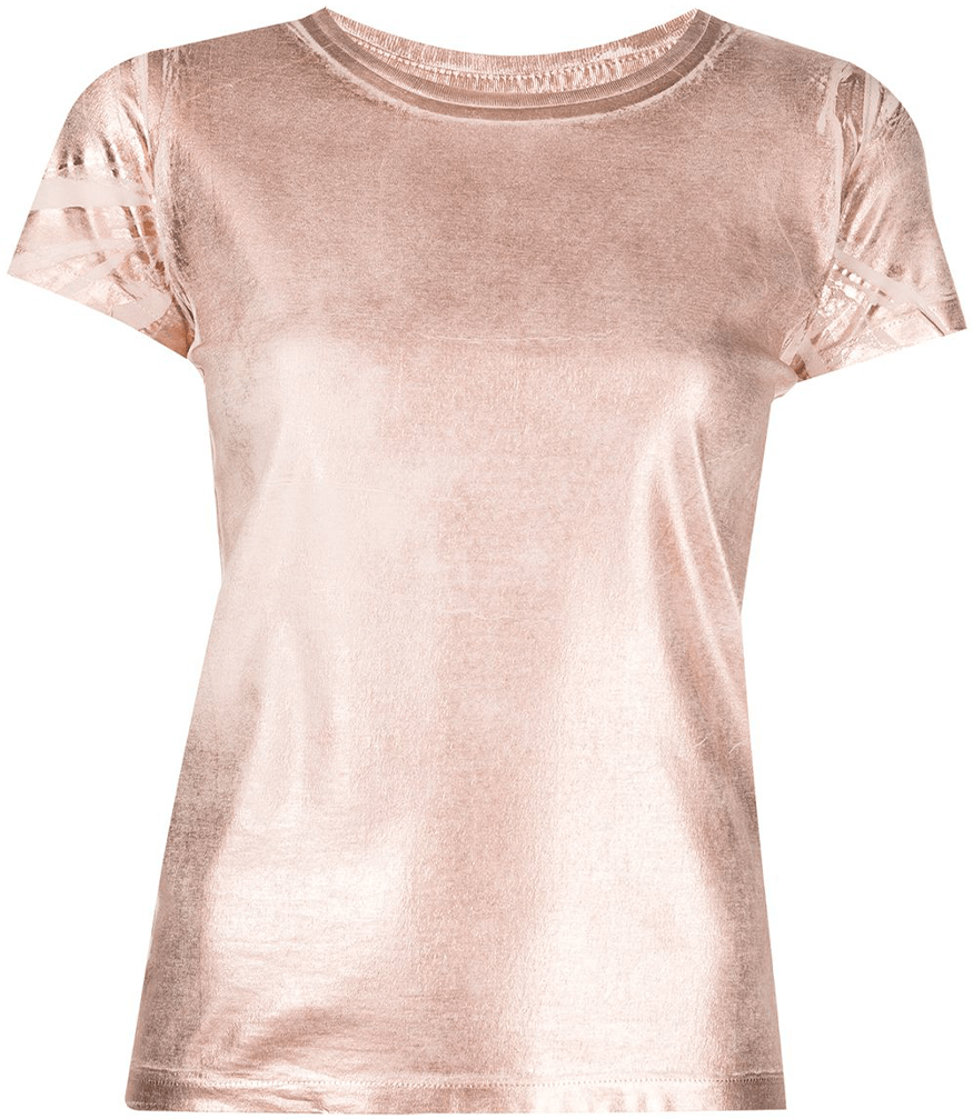 Short-sleeve crew neck T-shirt made from a soft, stretch-finish fabric with a subtle sheen. Features a fitted silhouette with clean stitching and minimal seams.