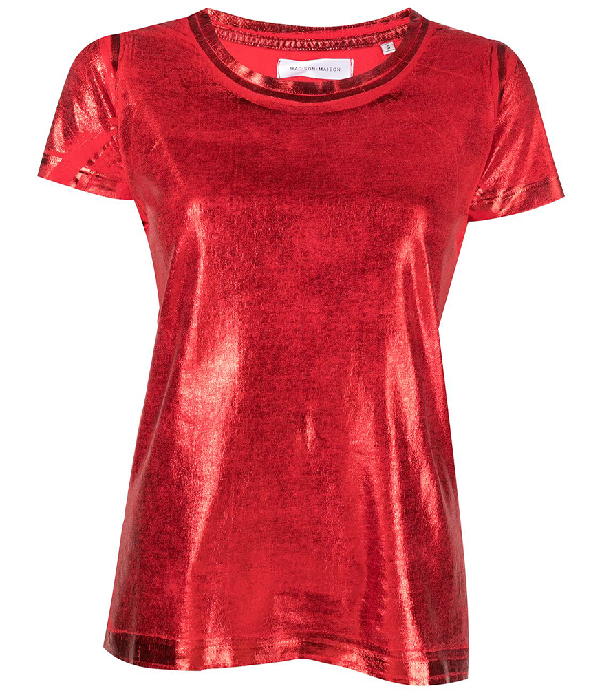 red metallic shirt