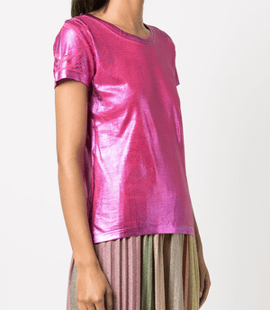 Short-sleeve crew neck T-shirt made from a soft, stretch-finish fabric with a subtle sheen. Features a fitted silhouette with clean stitching and minimal seams.