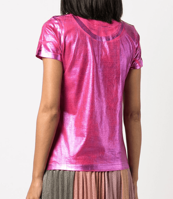 Short-sleeve crew neck T-shirt made from a soft, stretch-finish fabric with a subtle sheen. Features a fitted silhouette with clean stitching and minimal seams.