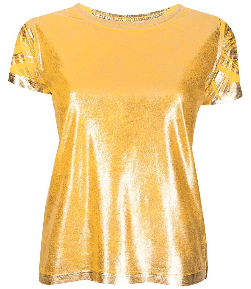 Short-sleeve crew neck T-shirt made from a soft, stretch-finish fabric with a subtle sheen. Features a fitted silhouette with clean stitching and minimal seams.