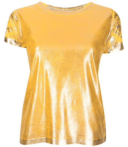 Short-sleeve crew neck T-shirt made from a soft, stretch-finish fabric with a subtle sheen. Features a fitted silhouette with clean stitching and minimal seams.