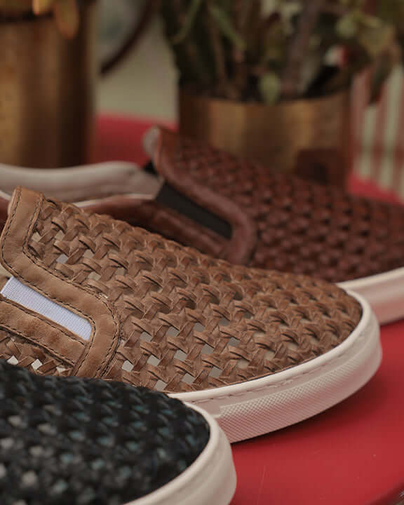 Navy Mushroom Whiskey Colored Hand made Woven slip on sneakers