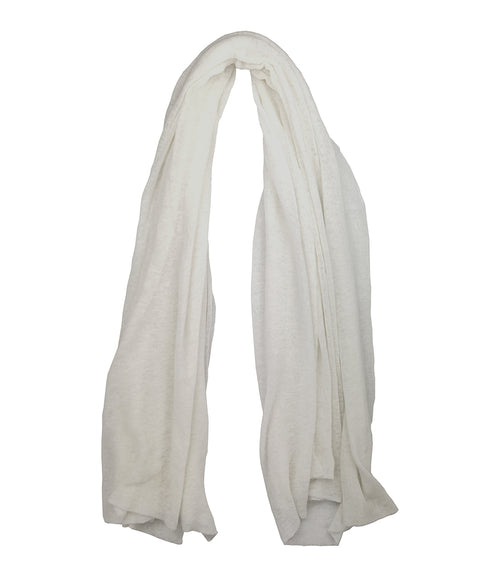 A lightweight, rectangular scarf with soft texture and raw edges, draped to show length and fluidity