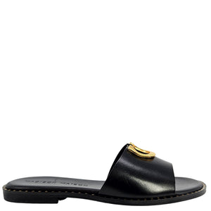 Black sandal with gold buckle on a white background