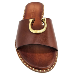 Brown sandal with gold buckle on a white background
