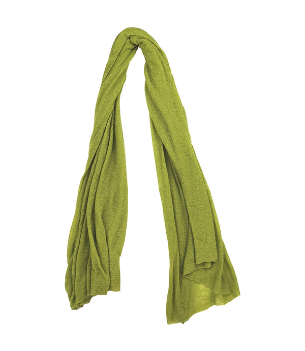A lightweight, rectangular scarf with soft texture and raw edges, draped to show length and fluidity
