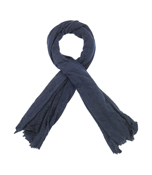 A lightweight, rectangular scarf with soft texture and raw edges, draped to show length and fluidity