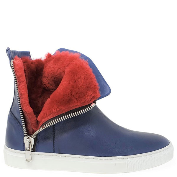 Blue boot with red fur lining and zipper on a white background