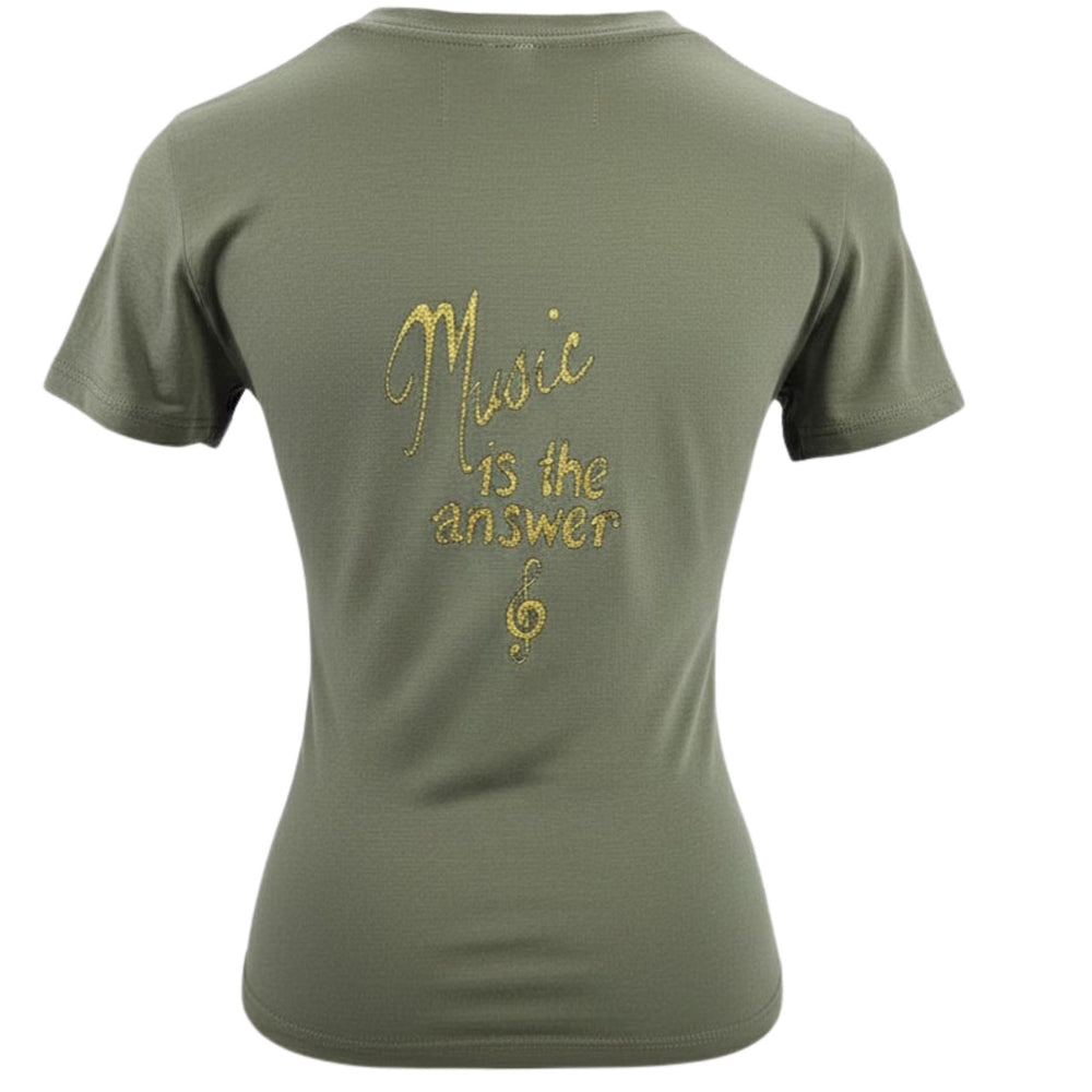 Green t-shirt with a yellow treble clef symbol on a white background