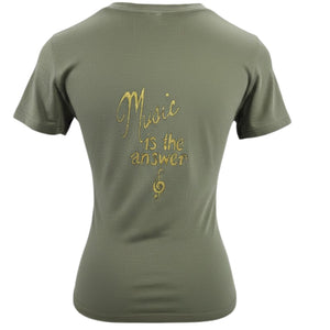 Green t-shirt with 'Music is the answer' text on a white background