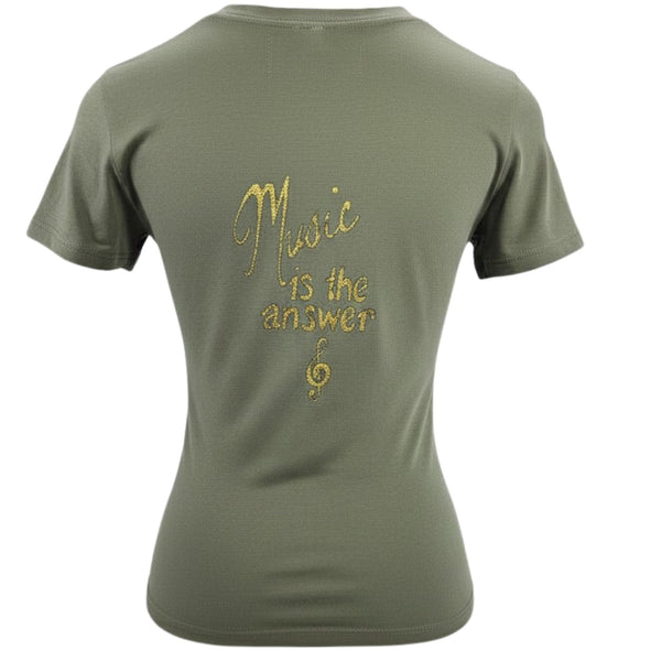 Green t-shirt with 'Music is the answer' text on a white background