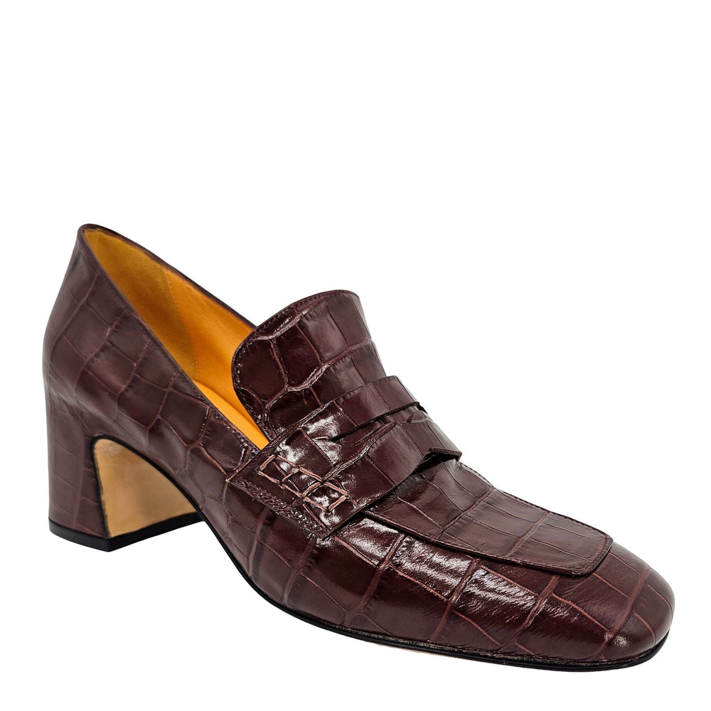 Chocolate croc-embossed leather loafer with moc seam and block heel, side profile