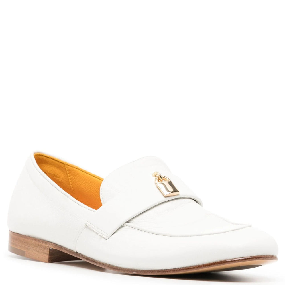 White leather flat loafer with gold lock-style bit detail and moc toe