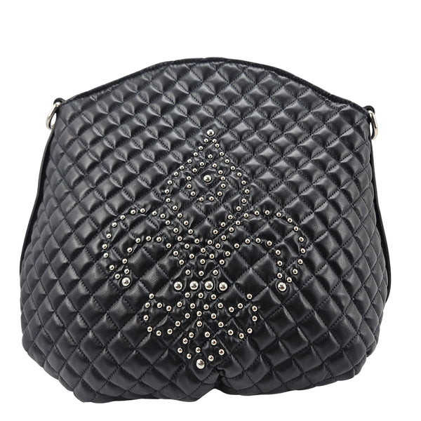 Navy Quilted Leather Fleur de lis Shoulder Bag