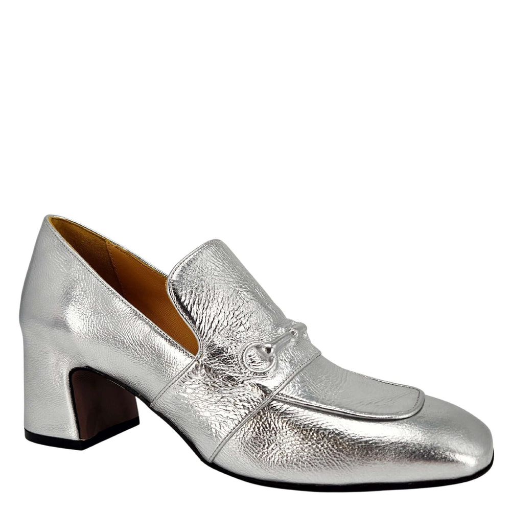 Silver leather loafer with mid heel and metal bit detail on the strap