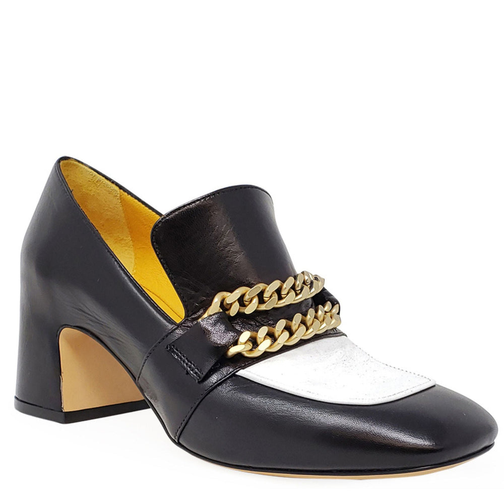 Leather mid-heel loafer in black and white with gold chain detail across the vamp