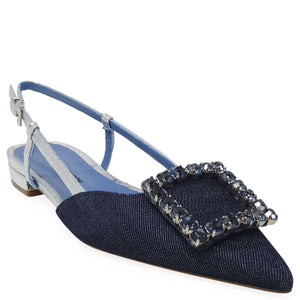 Navy blue pointed-toe flat with embellished buckle on a white background