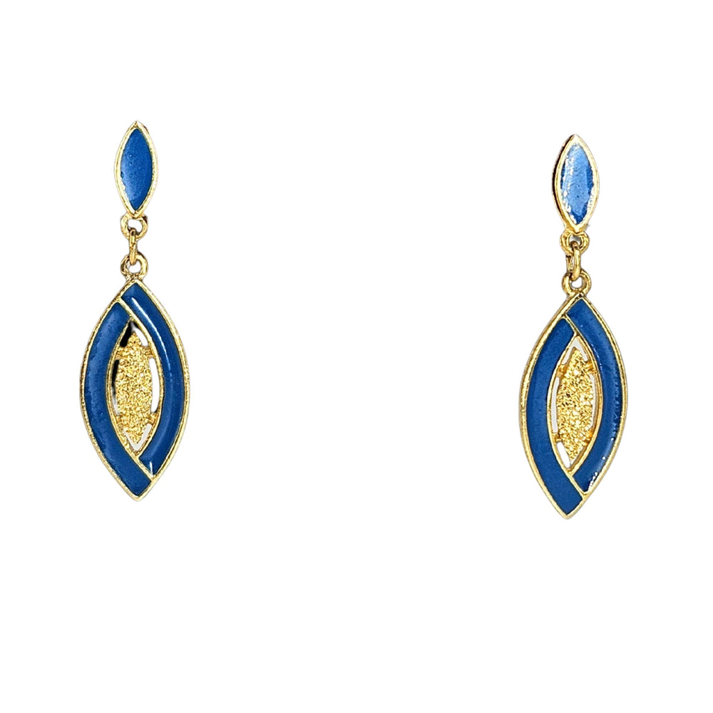 Pair of gold and blue earrings on a white background