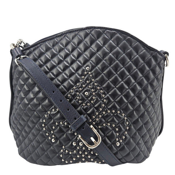 Navy Quilted Leather Fleur de lis Shoulder Bag