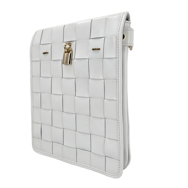 White woven clutch bag with a gold lock on a white background