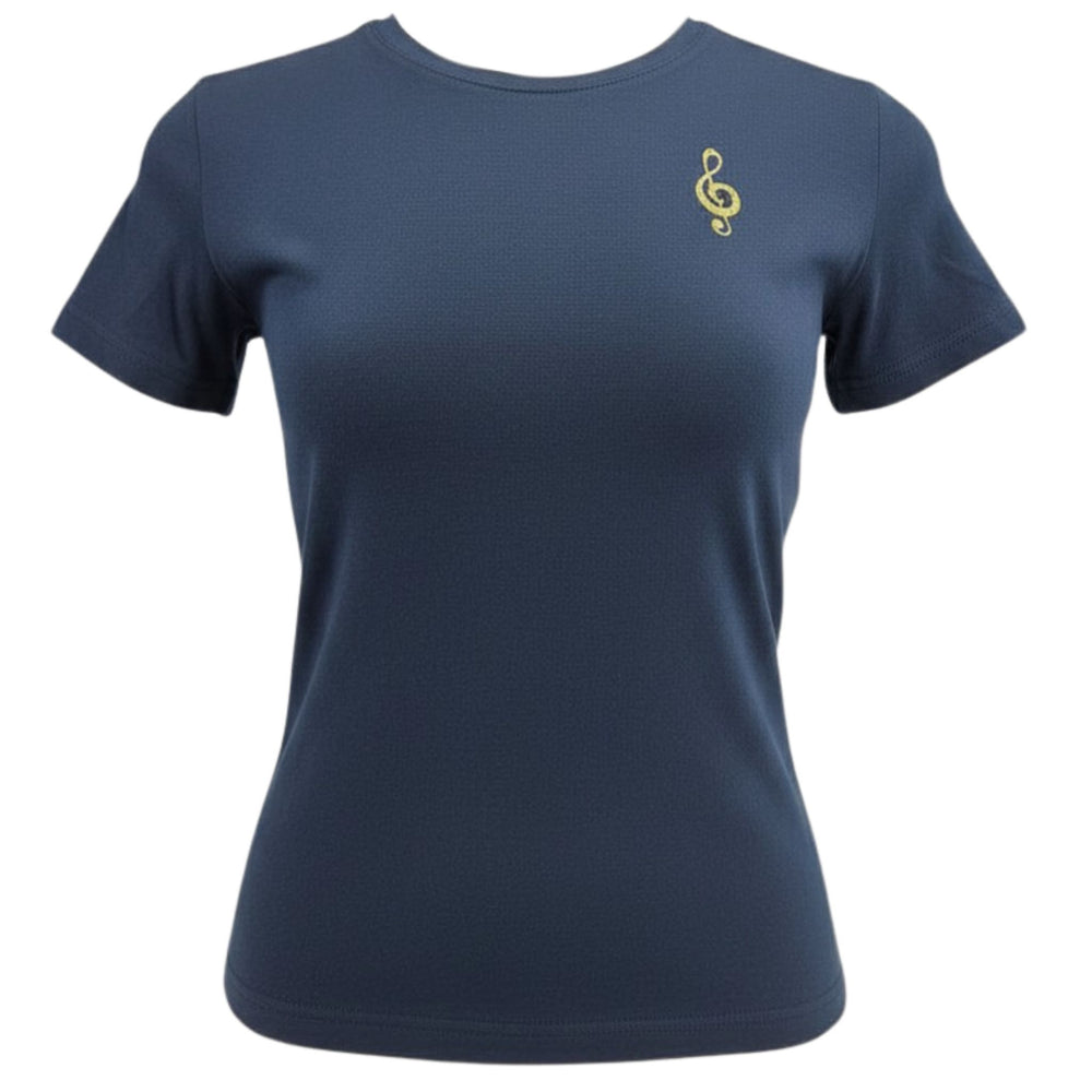 Navy blue t-shirt with a yellow treble clef symbol on a white background