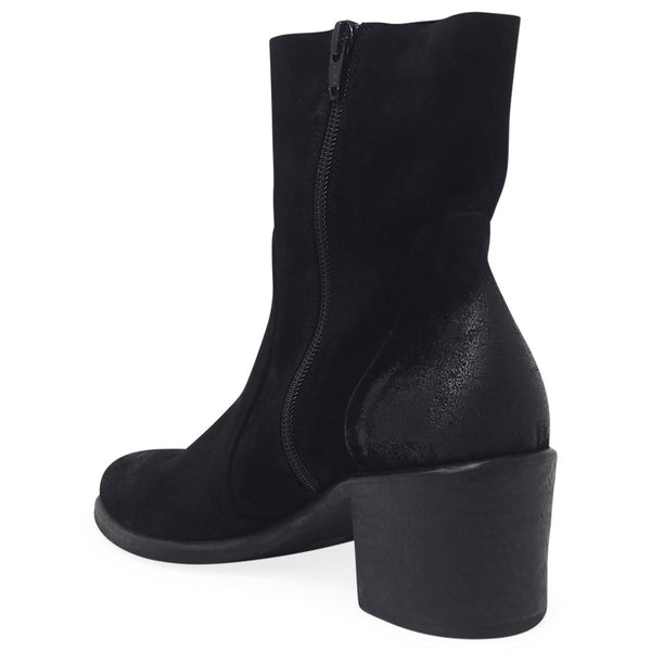 Black ankle boot with block heel on a white background