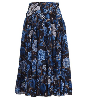 A knee-length dress with a collared neckline, three-quarter sleeves, and a flared skirt. Features a bold allover abstract pattern and fitted waist.