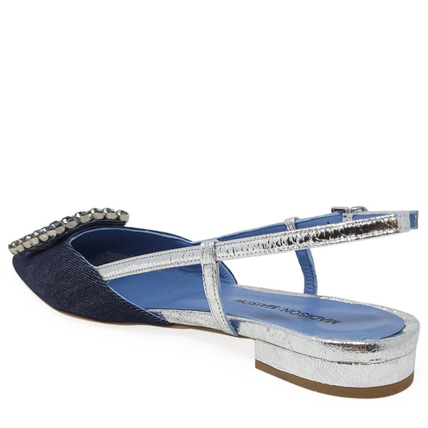 Blue and silver sandal with embellishments on a white background