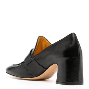 Black leather shoe with a block heel on a white background