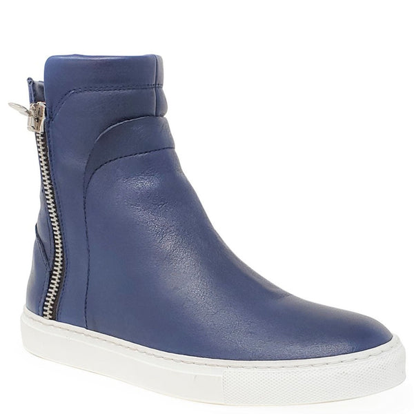 Blue ankle boot with a zipper on a white background