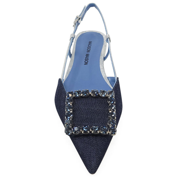 Navy blue pointed-toe sandal with crystal embellishments on a white background