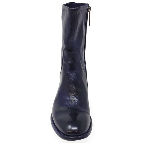 Navy blue leather boot on a white background