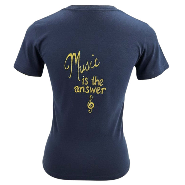 Navy blue t-shirt with 'Music is the answer' text on the back against a white background