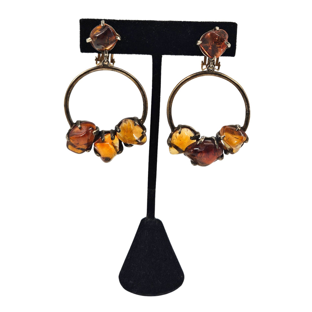 Vintage 1970s Goldtone Dangle Amber Hoop Earrings