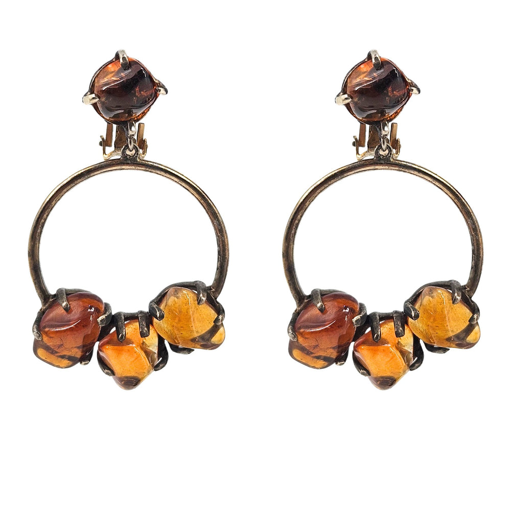 Vintage 1970s Goldtone Dangle Amber Hoop Earrings