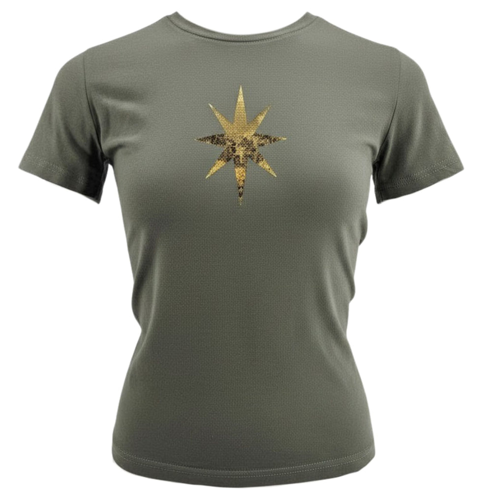 Green t-shirt with a gold star design on a white background
